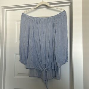 VERONICA M | blue and white pinstripe off the shoulder blouse